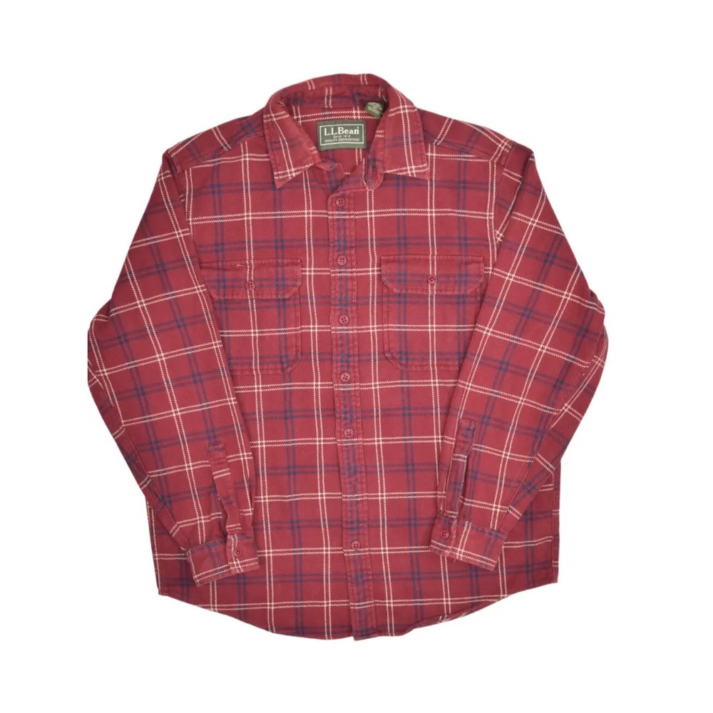 LL Bean Shirt Mens M Red Flannel Plaid Red Long Sleeve Button Up Outdoor Camping